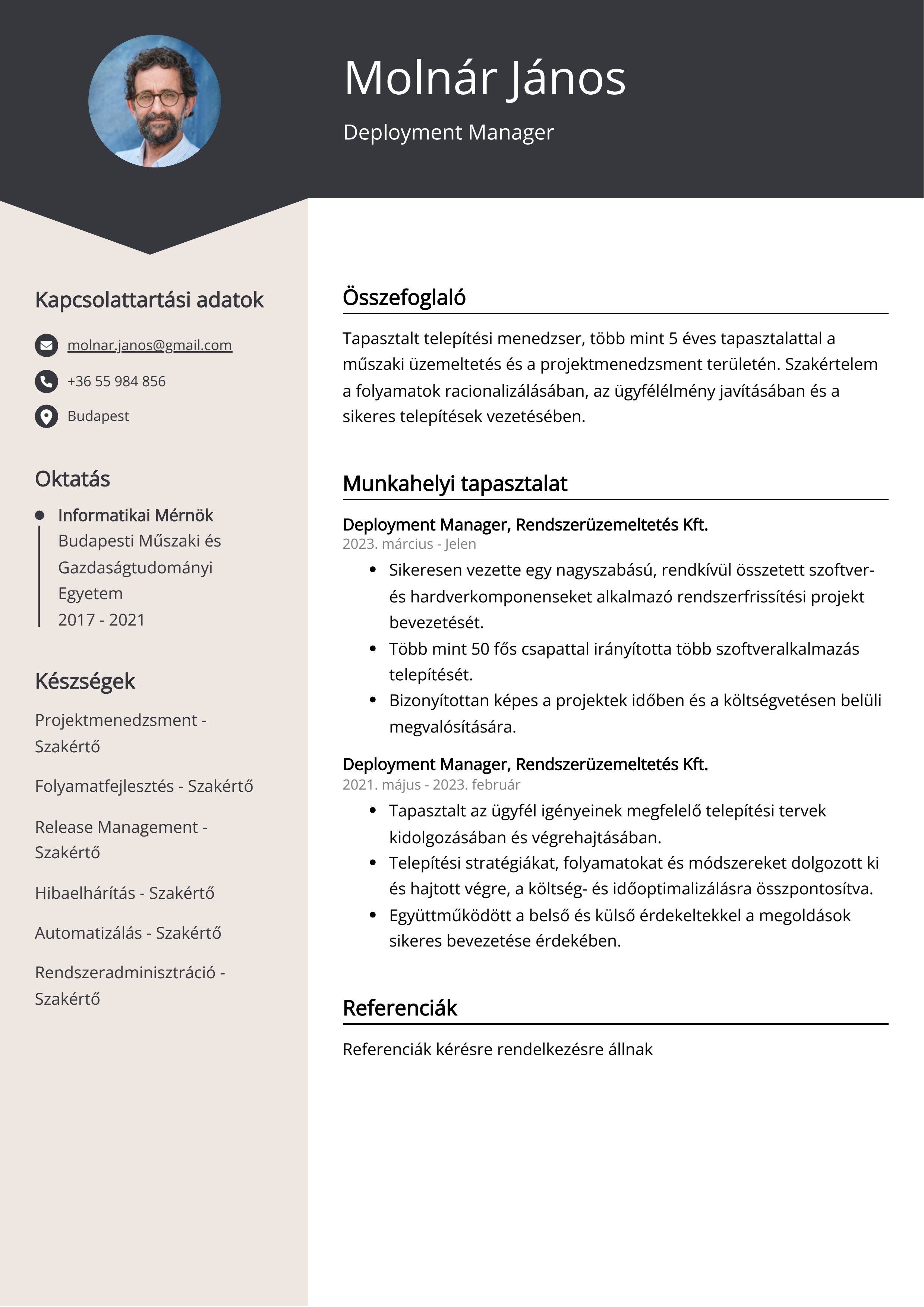 Deployment Manager Önéletrajz példa