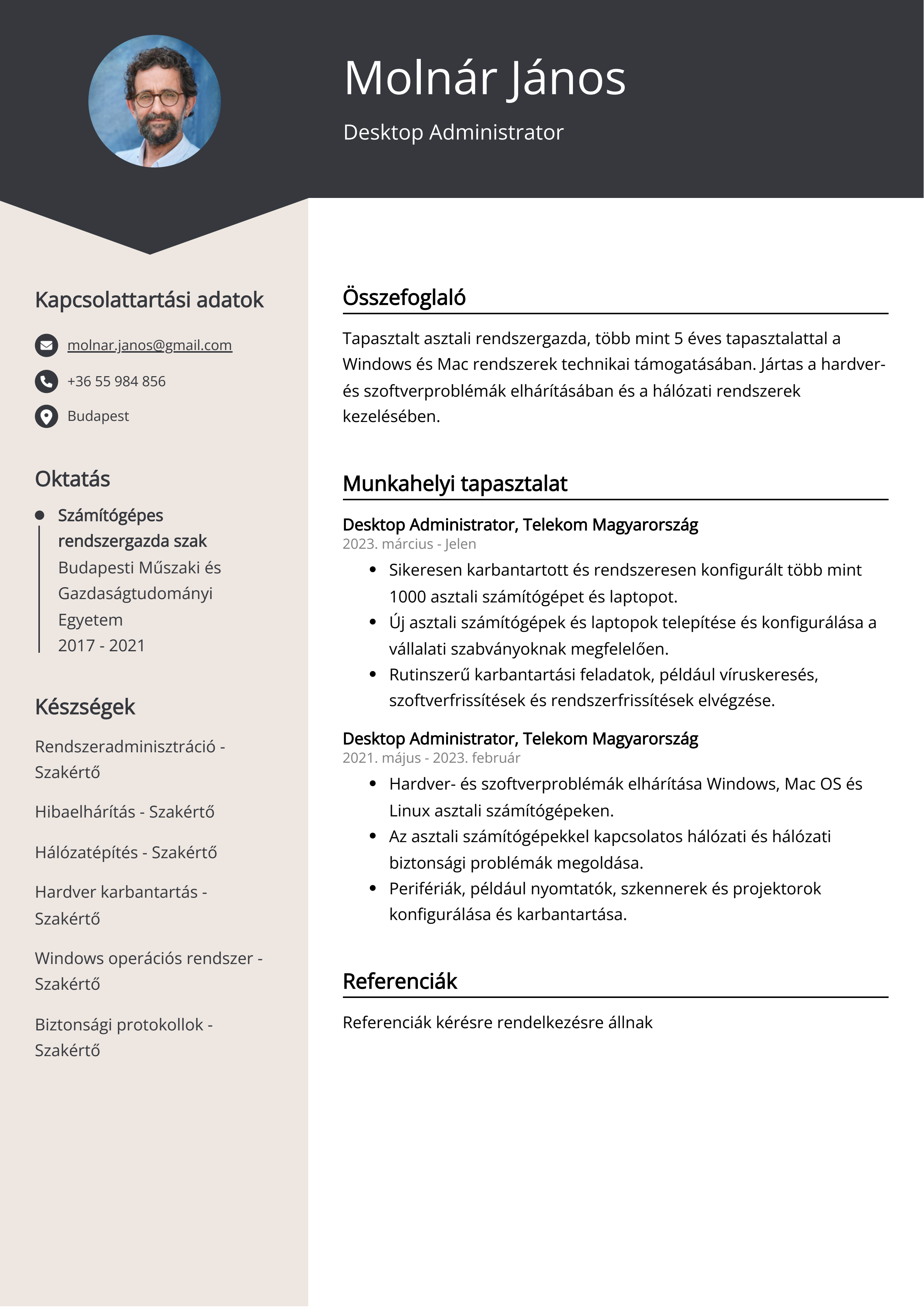 Desktop Administrator Önéletrajz példa