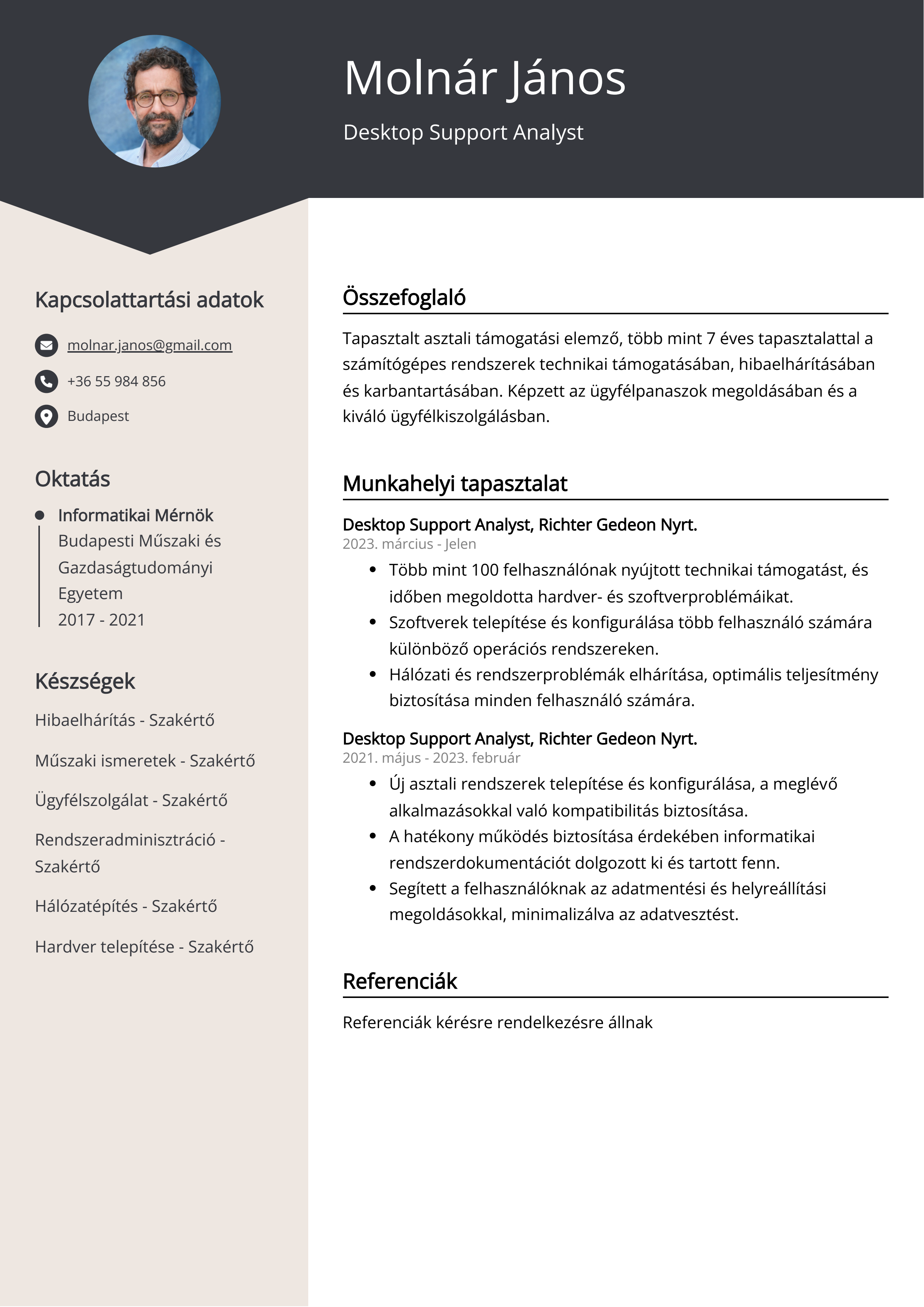 Desktop Support Analyst Önéletrajz példa