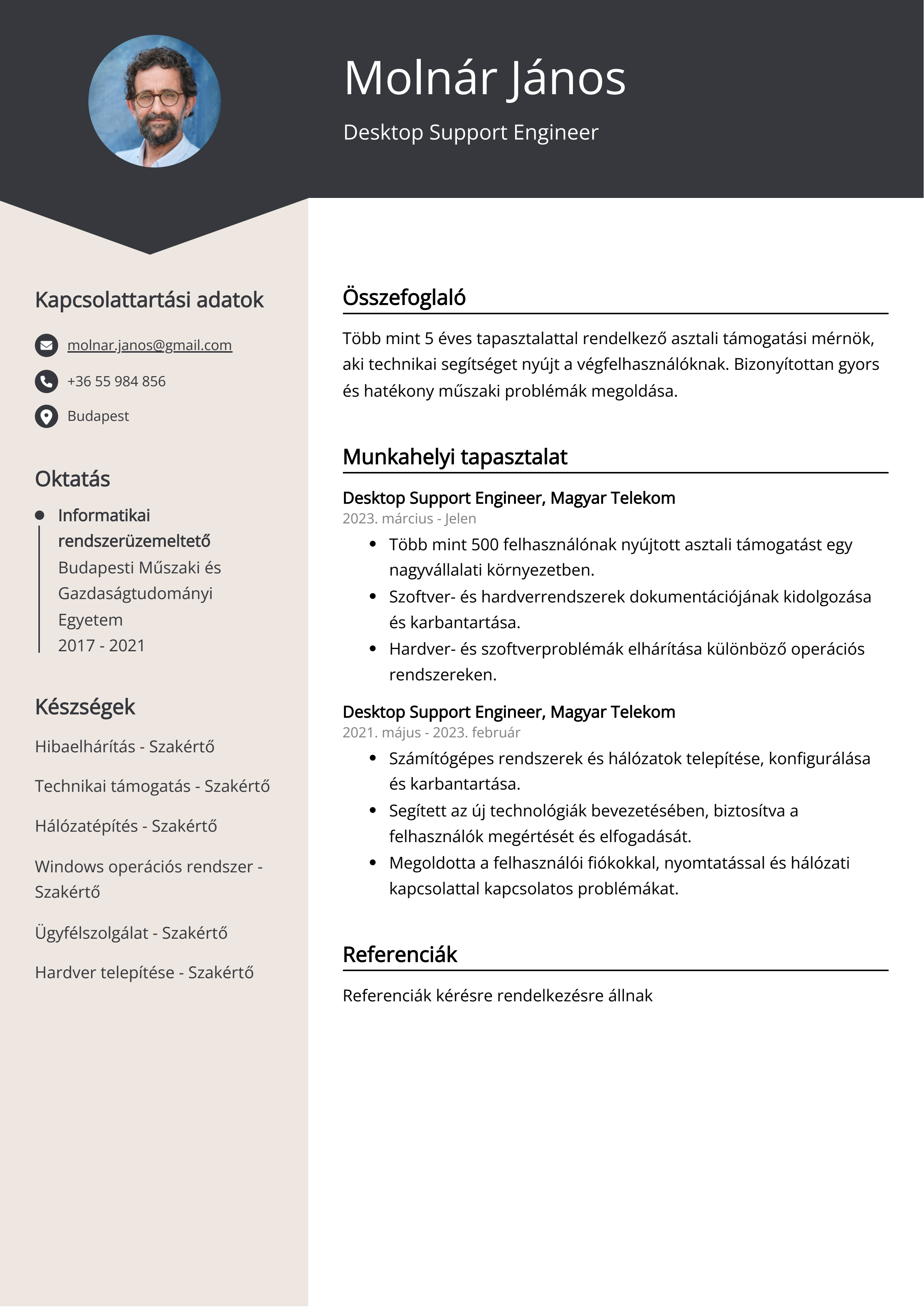 Desktop Support Engineer Önéletrajz példa