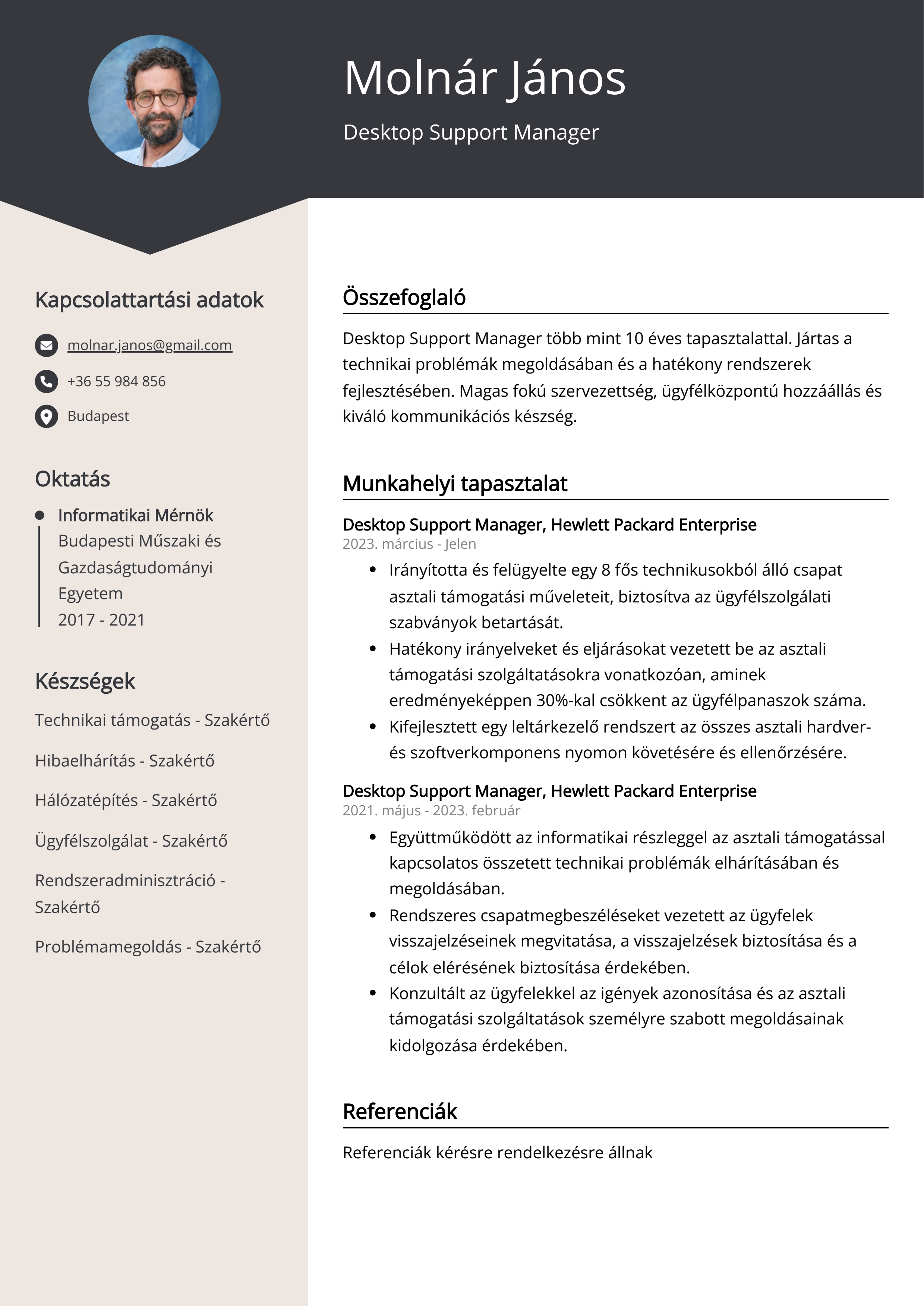 Desktop Support Manager Önéletrajz példa