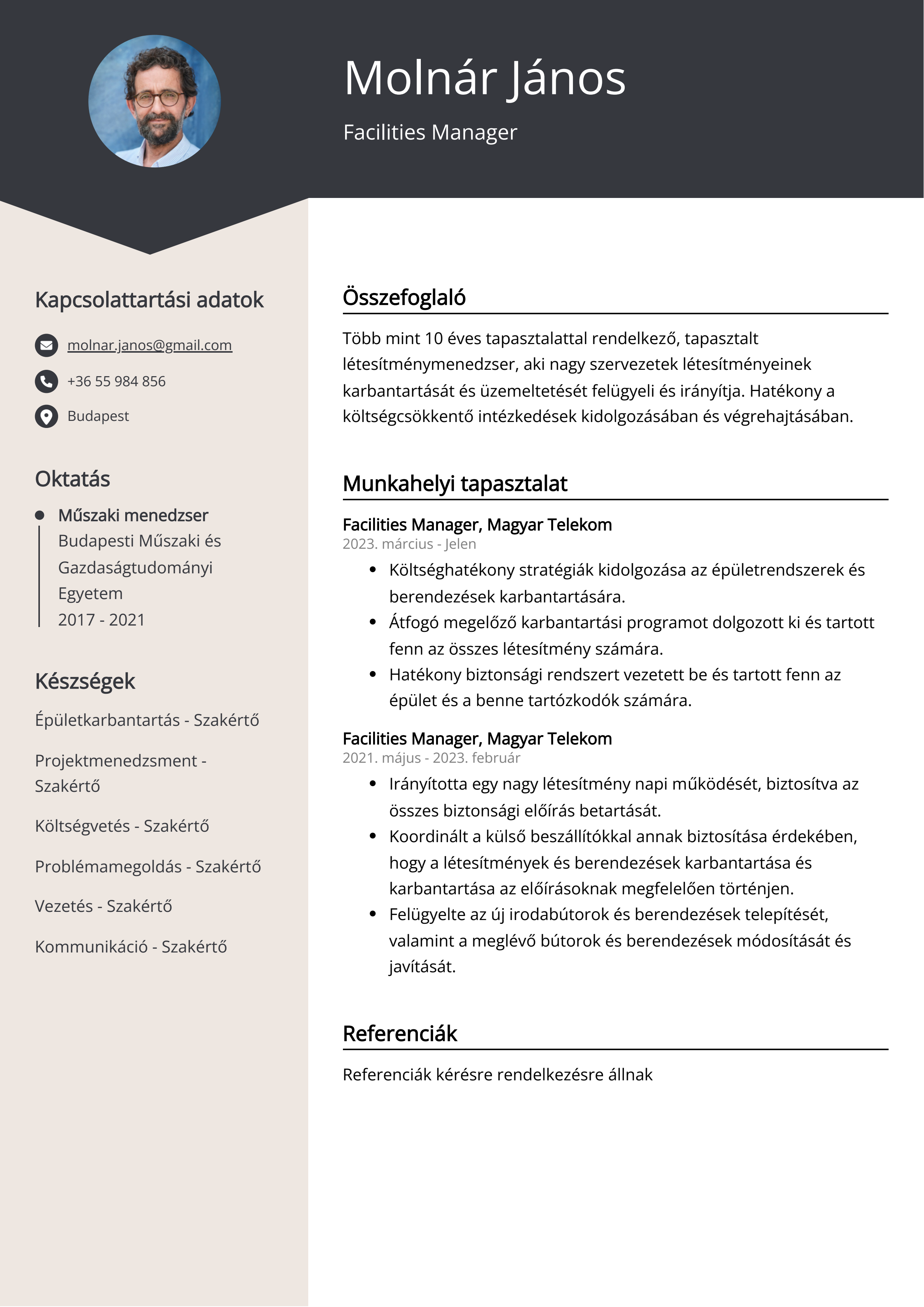 Facilities Manager Önéletrajz példa