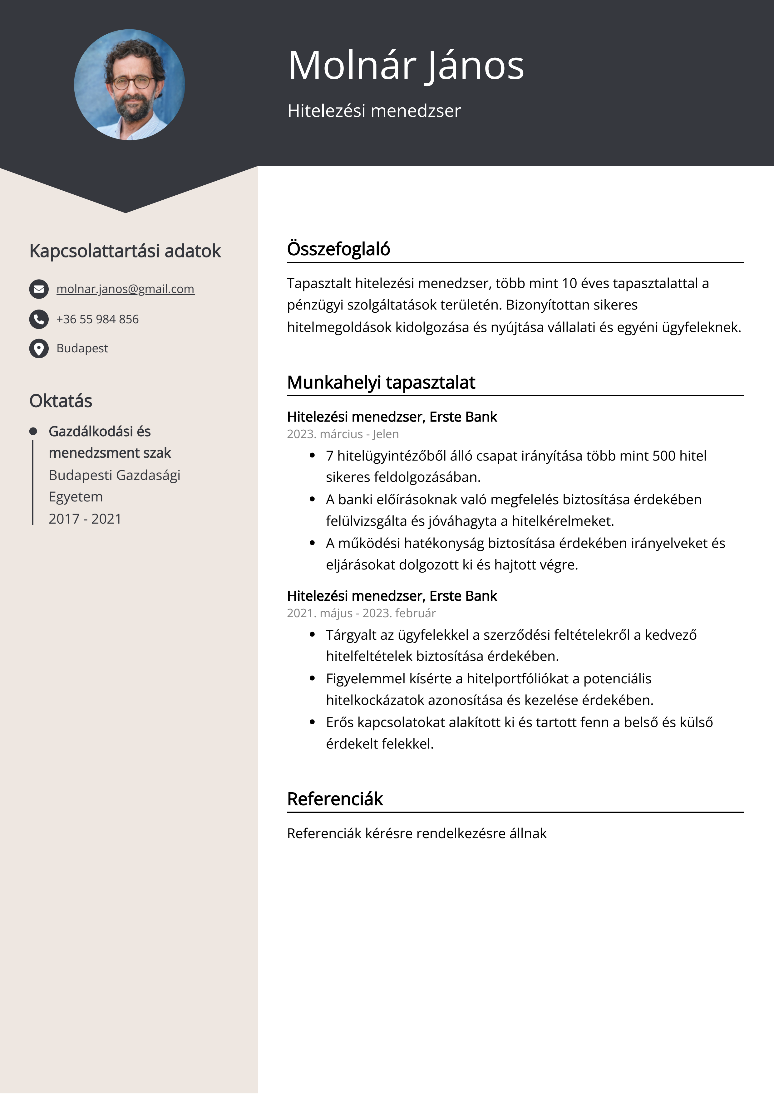 Hitelezési menedzser Resume Example