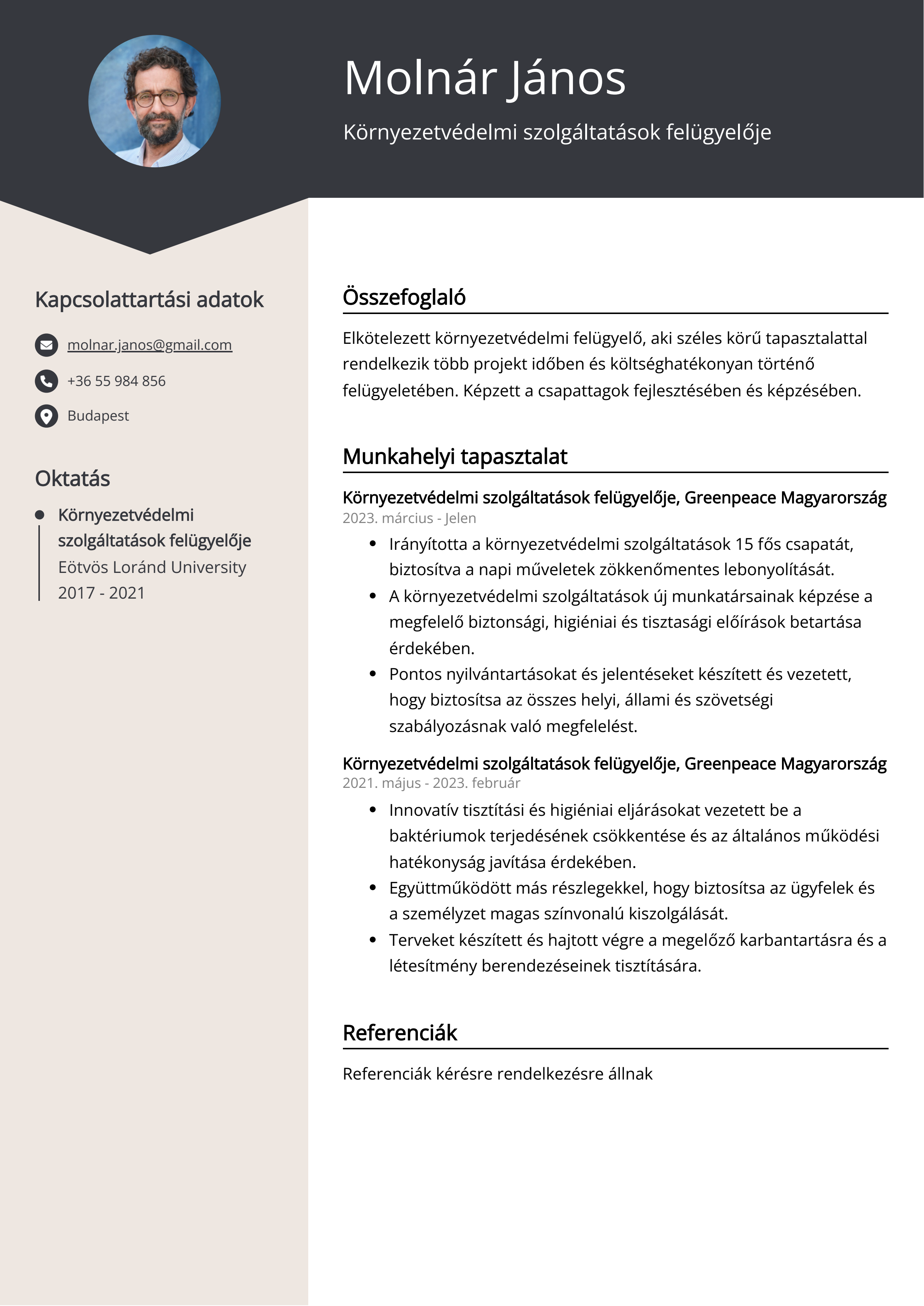 Környezetvédelmi szolgáltatások felügyelője Resume Example