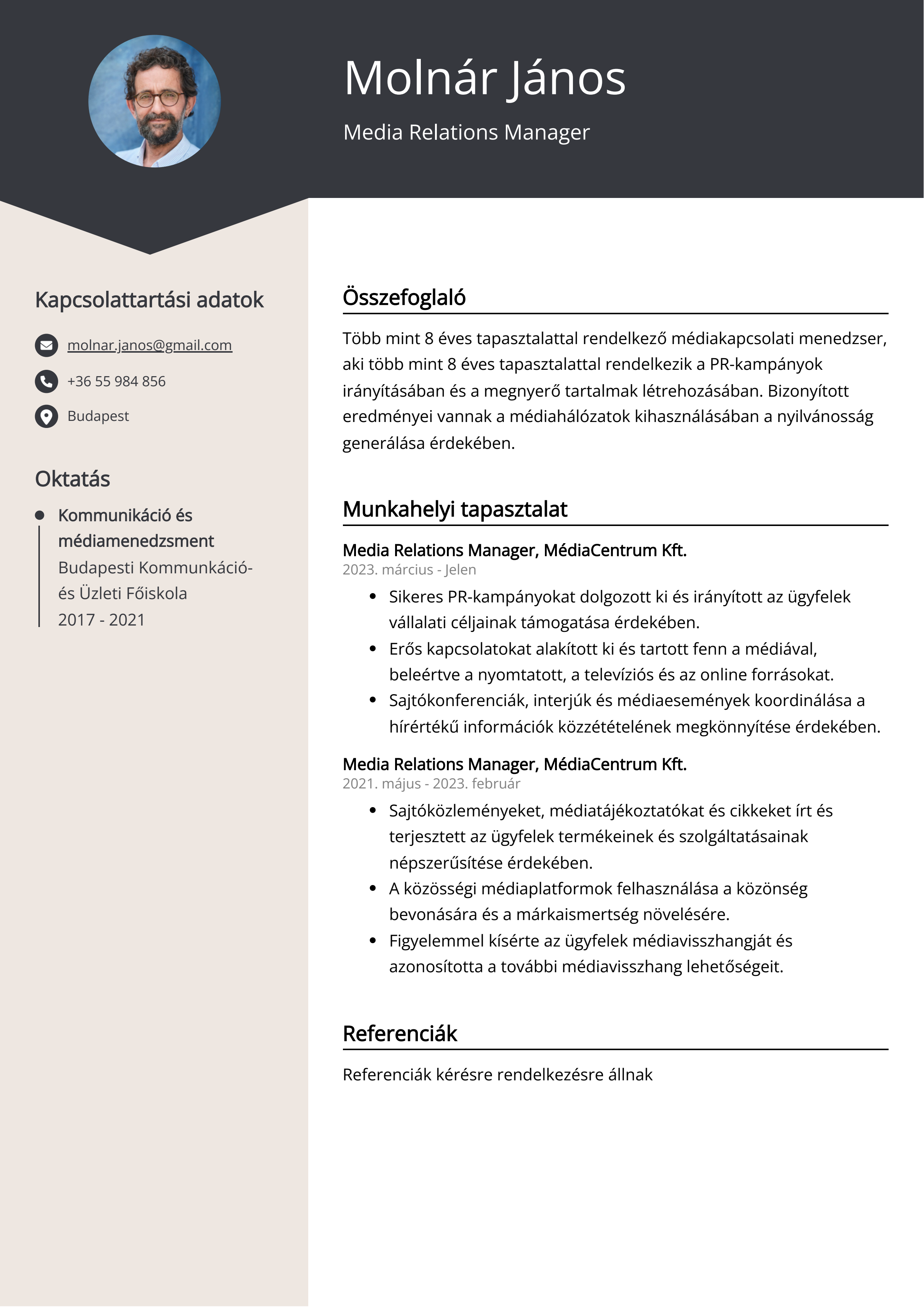 Media Relations Manager Önéletrajz példa