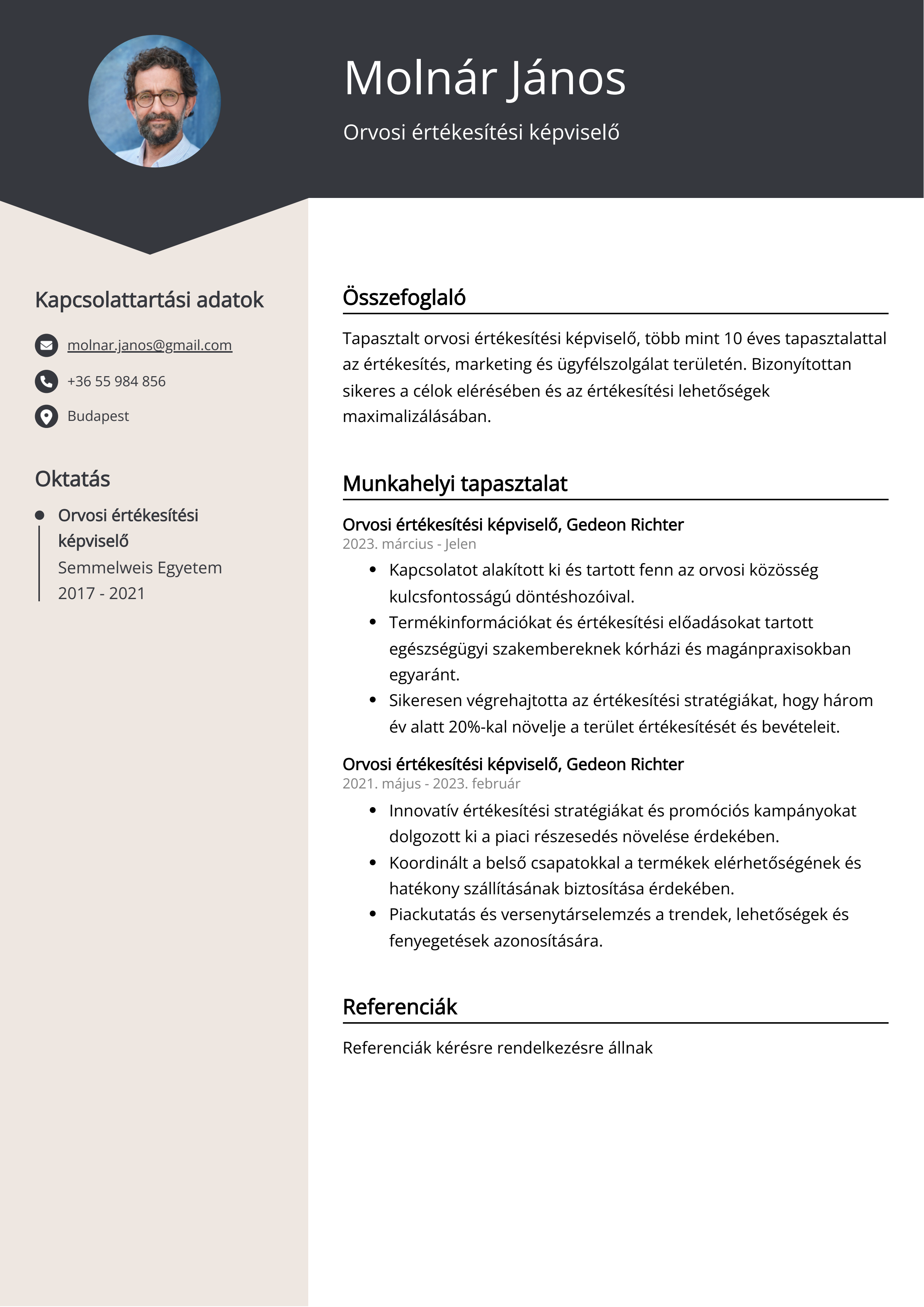 Orvosi értékesítési képviselő Resume Example