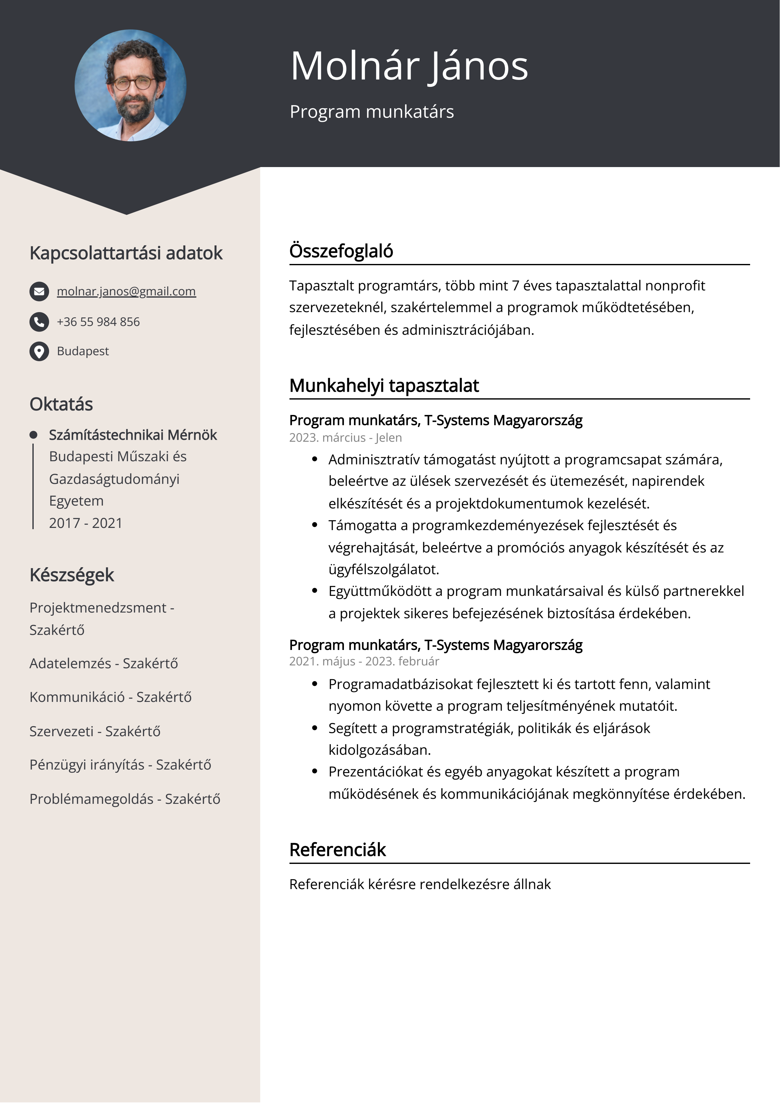 Program munkatárs önéletrajz példa