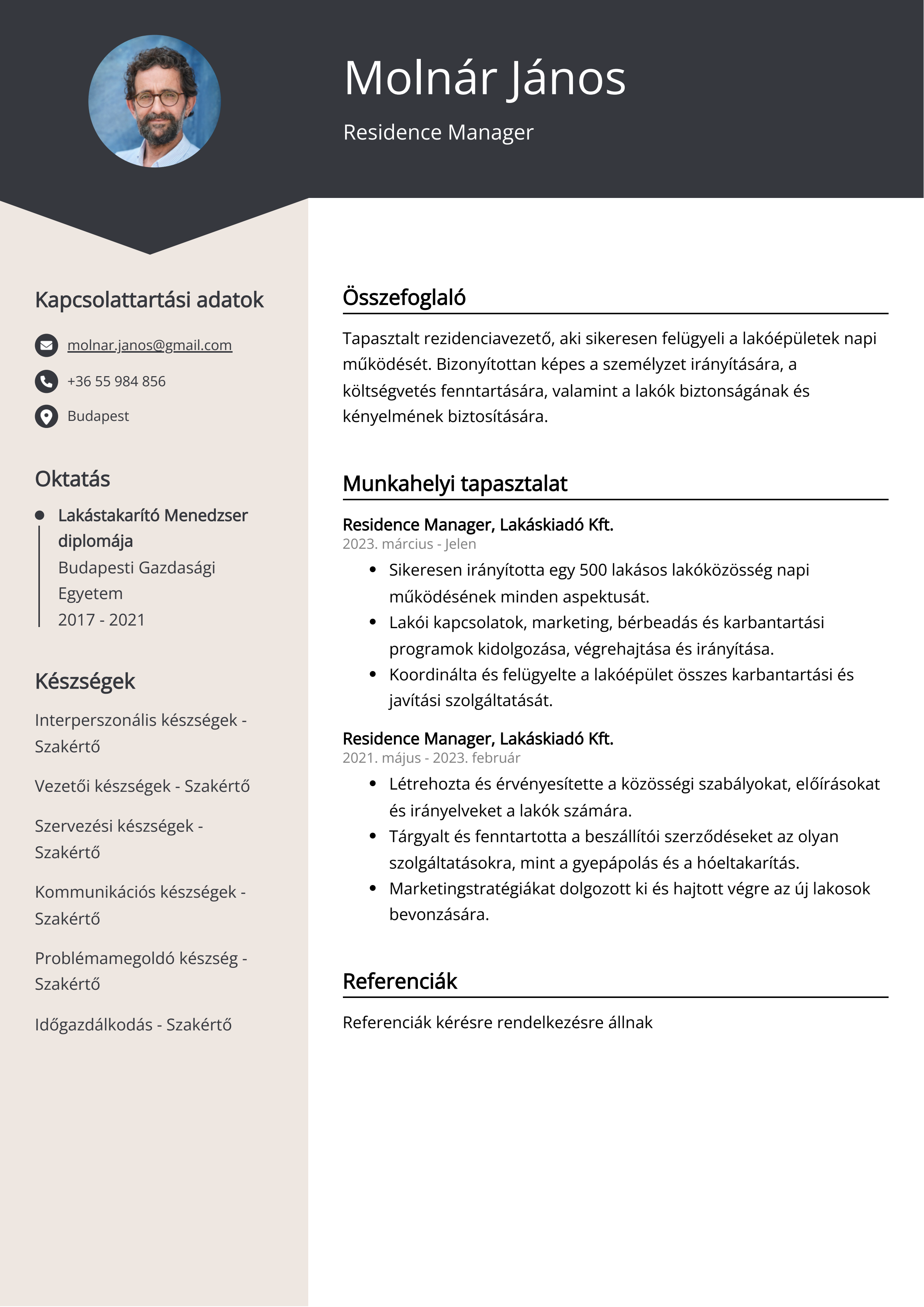 Residence Manager Önéletrajz példa