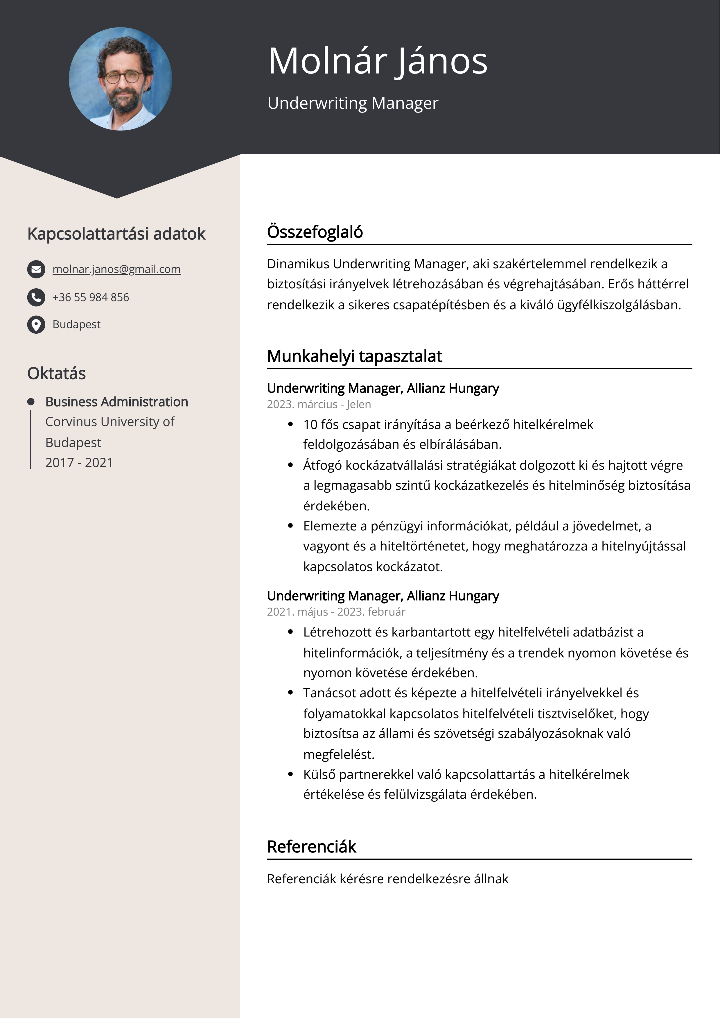 Underwriting Manager Önéletrajz példa